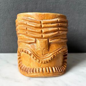 Vintage Wooden TIki Warrior God Ku Mug Hawaiian Polynesian Hand Carved Cup